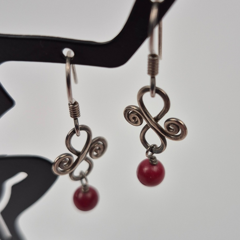 Artisan Style Silver Tone Wire Wrapped Earrings Red Beads Celtic Dangle 1.25"